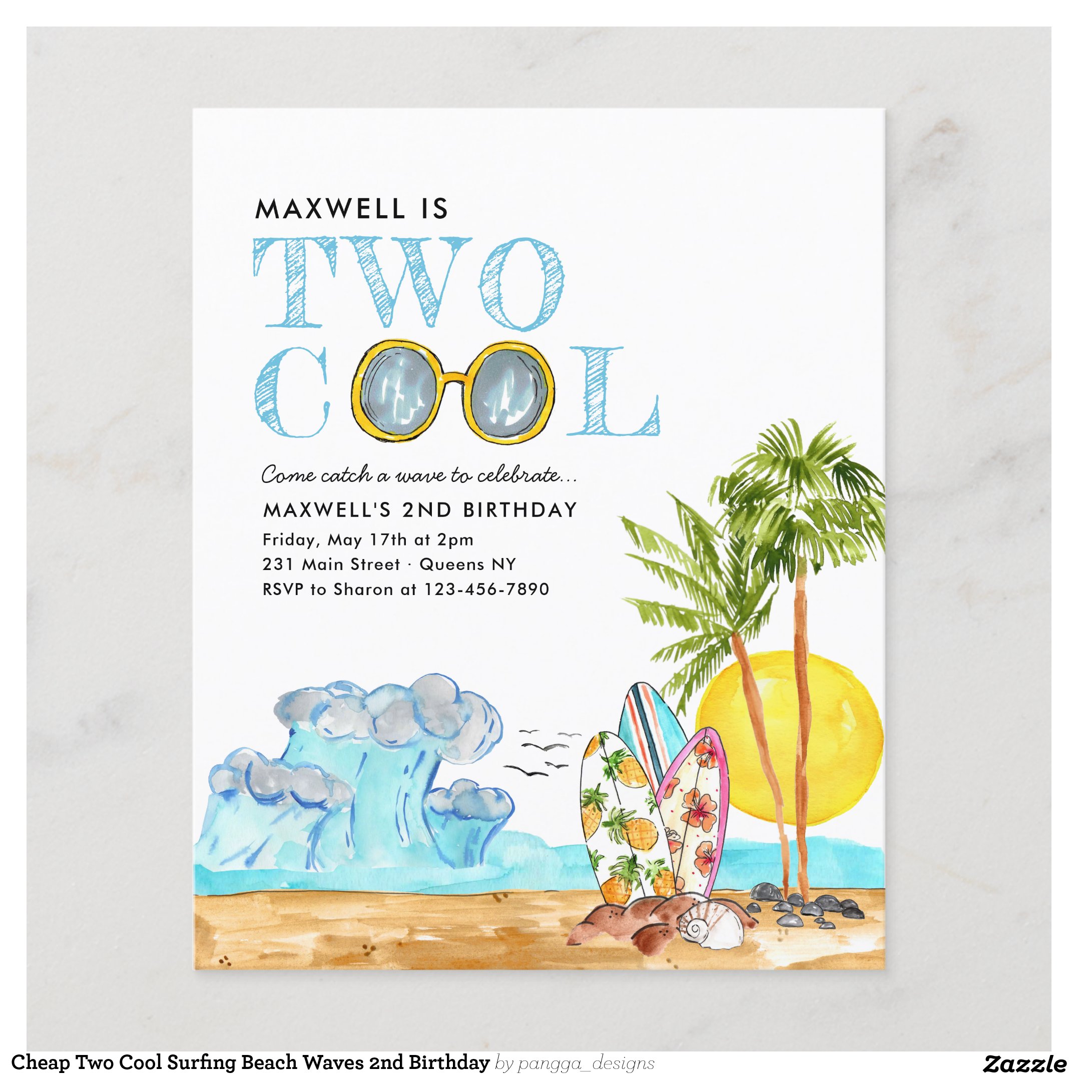 Cheap Two Cool Surfing Beach Waves 2nd Birthday Flyer