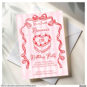 Cherry cake pink coquette bow birthday party invitation