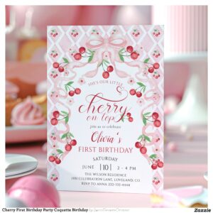 Cherry First Birthday Party Coquette Birthday Invitation