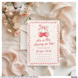 Cherry on Top Coquette Bow Hand-drawn Baby Shower Invitation