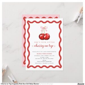 Cherry on Top Coquette Pink Bow Girl Baby Shower Invitation