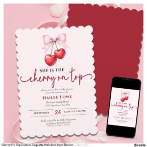 Cherry On Top Custom Coquette Pink Bow Baby Shower Invitation