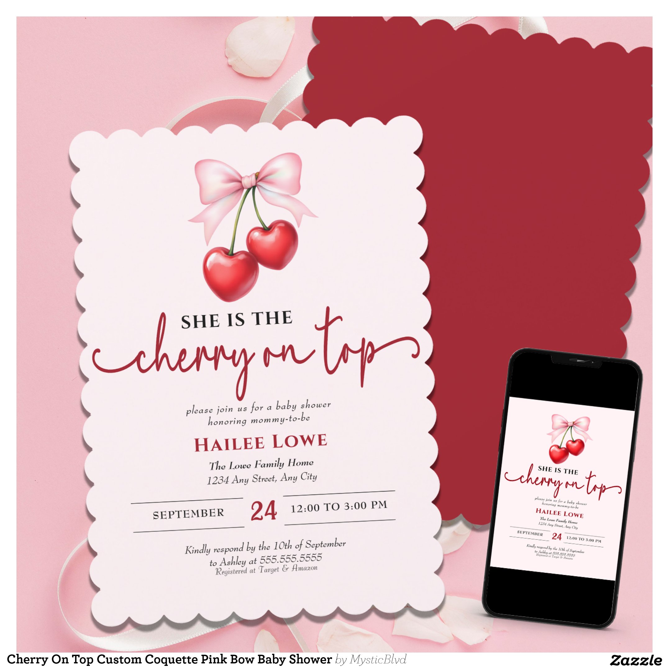 Cherry On Top Custom Coquette Pink Bow Baby Shower Invitation