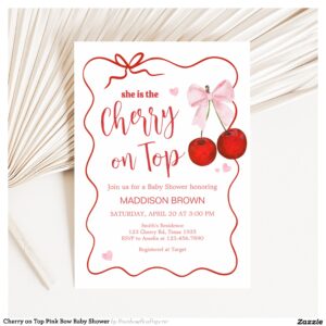 Cherry on Top Pink Bow Baby Shower Invitation