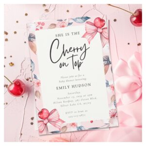 Cherry on Top Pink Bow Coquette Baby Shower Invitation