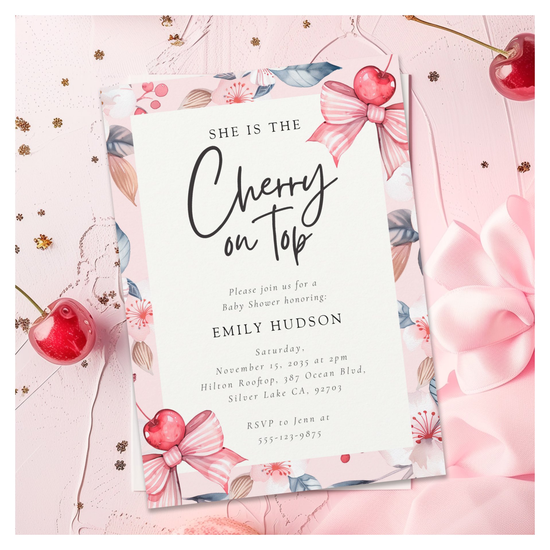 Cherry on Top Pink Bow Coquette Baby Shower Invitation