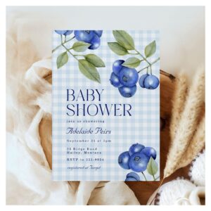 Chic Blueberry Gingham Boy Baby Shower Invitation