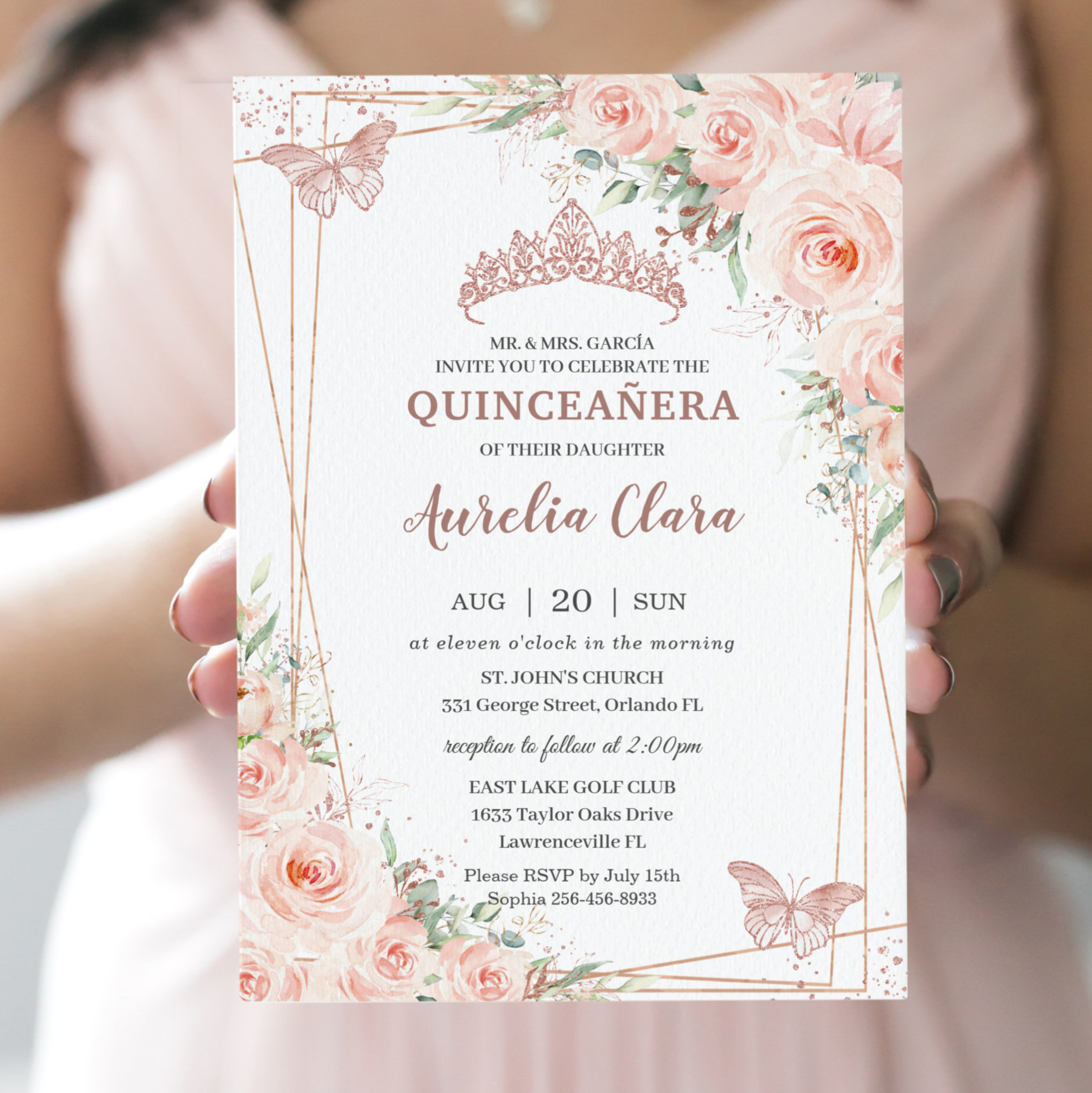 Chic Blush Floral Rose Gold Butterfly Quincea?era Invitation