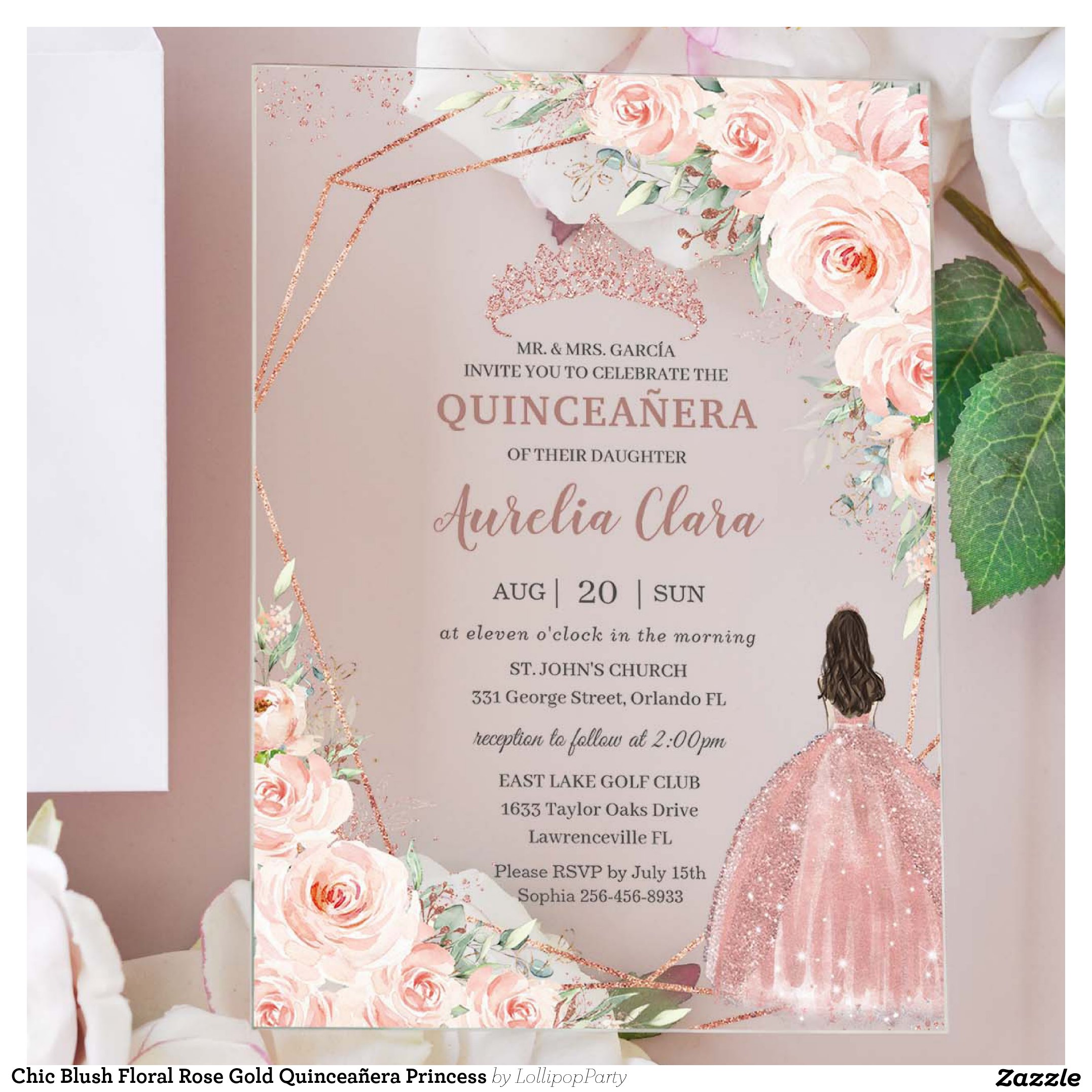 Chic Blush Floral Rose Gold Quincea?era Princess Acrylic Invitations