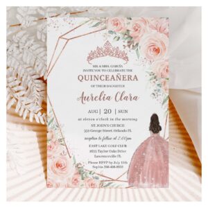 Chic Blush Floral Rose Gold Quincea?era Princess Invitation