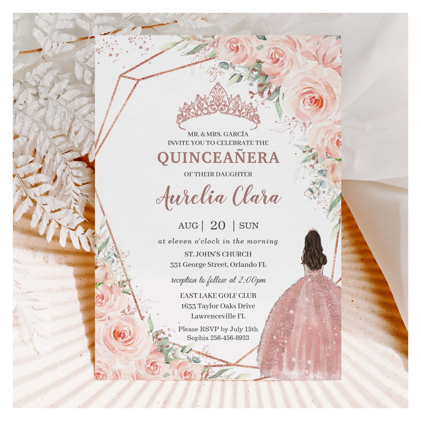 Chic Blush Floral Rose Gold Quincea?era Princess Invitation