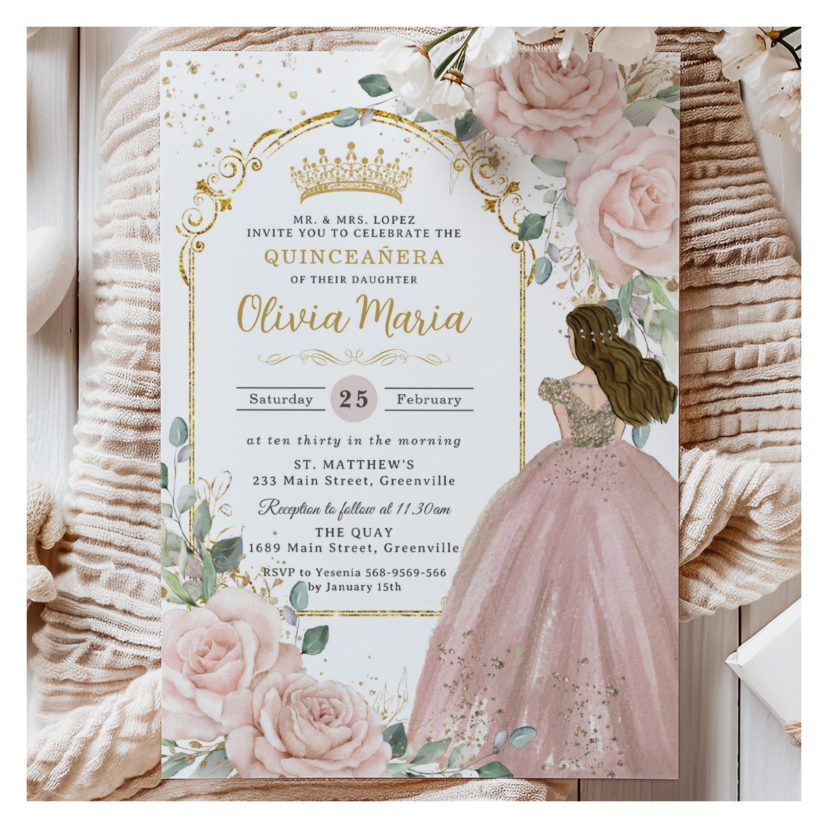 Chic Blush Pink Roses Floral Princess Quincea?era Invitation