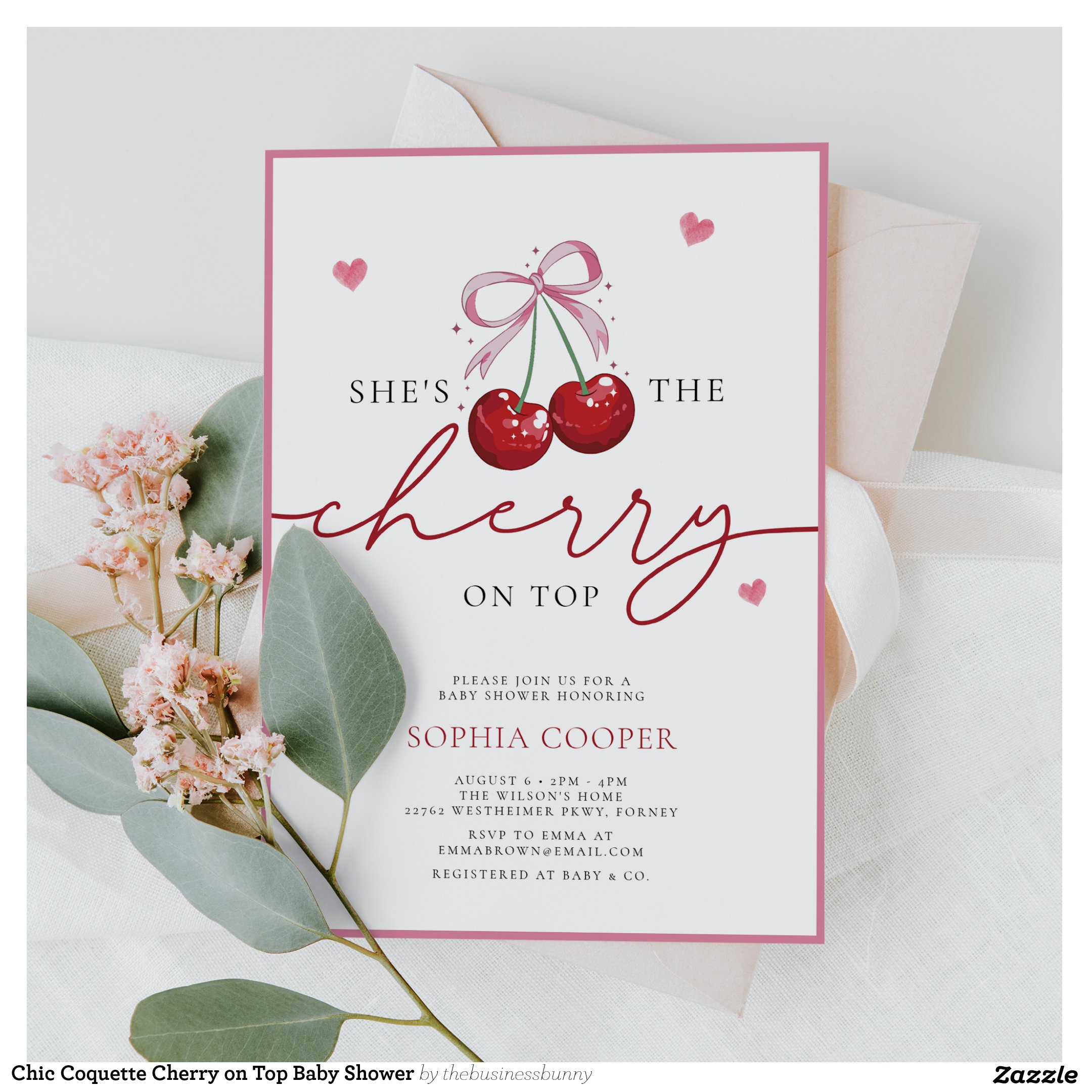 Chic Coquette Cherry on Top Baby Shower Invitation