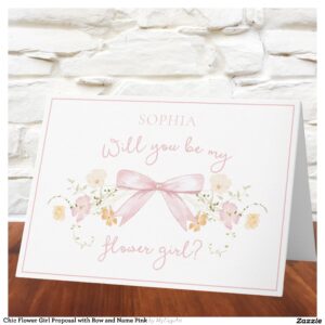 Chic Flower Girl Proposal with Bow and Name Pink Card