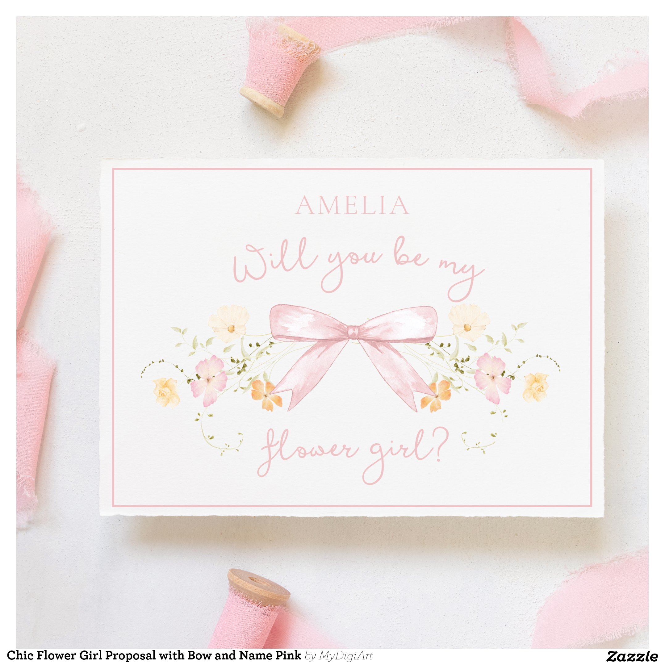 Chic Flower Girl Proposal with Bow and Name Pink Card