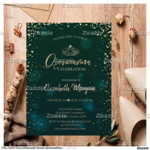 Chic Gold Tiara,Diamonds Green Quincea?era Invitation