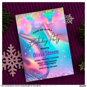 Chic holographic unicorn dripping glitter monogram invitation