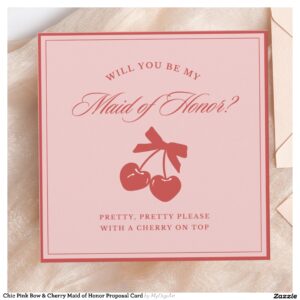 Chic Pink Bow & Cherry Maid of Honor Proposal Card