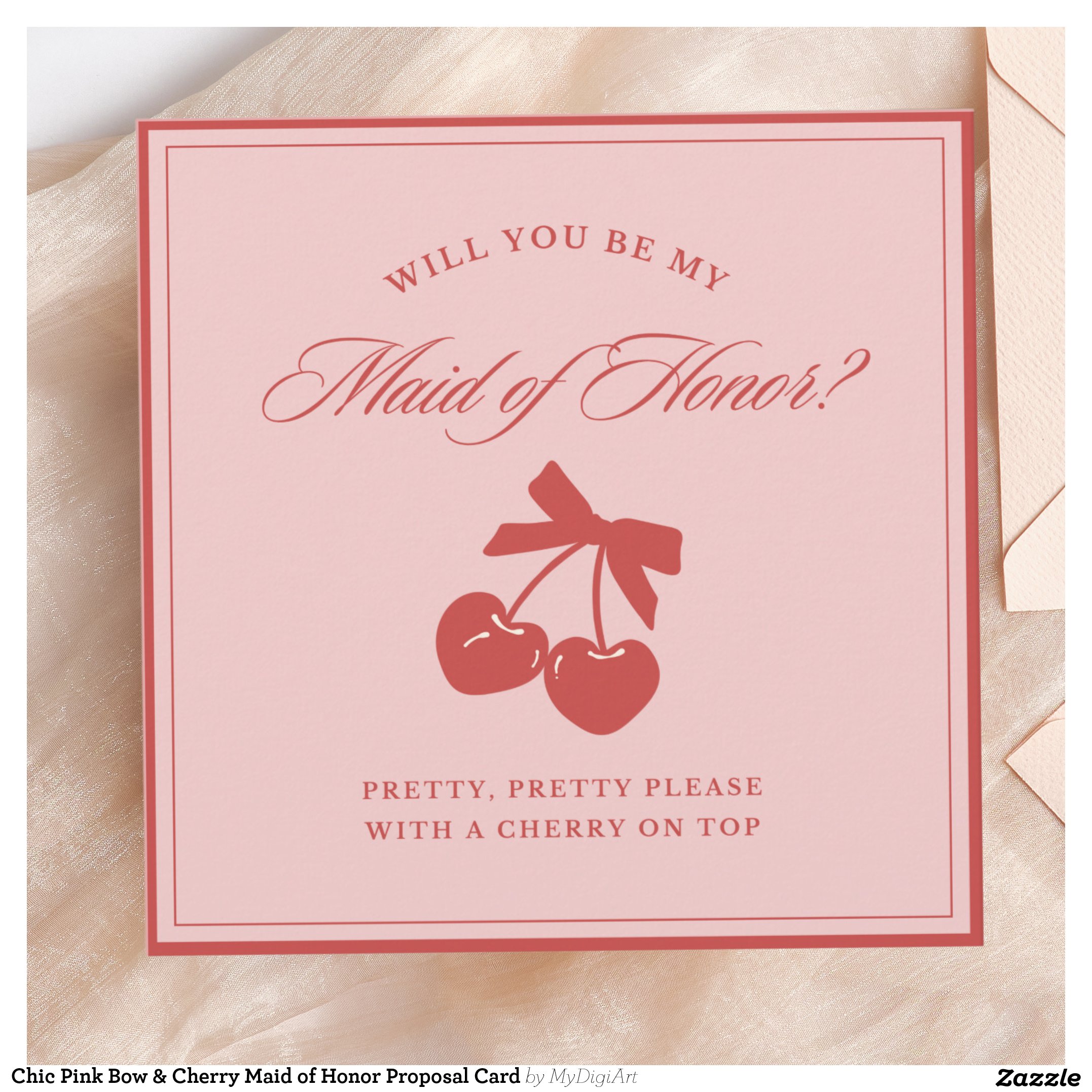 Chic Pink Bow & Cherry Maid of Honor Proposal Card