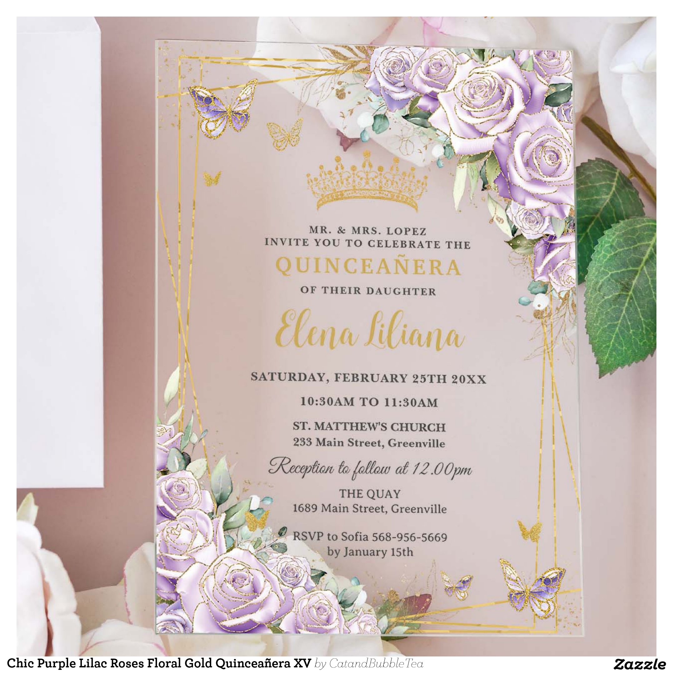 Chic Purple Lilac Roses Floral Gold Quincea?era XV Acrylic Invitations