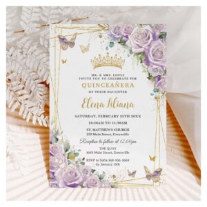 Chic Purple Lilac Roses Floral Gold Quincea?era XV Invitation