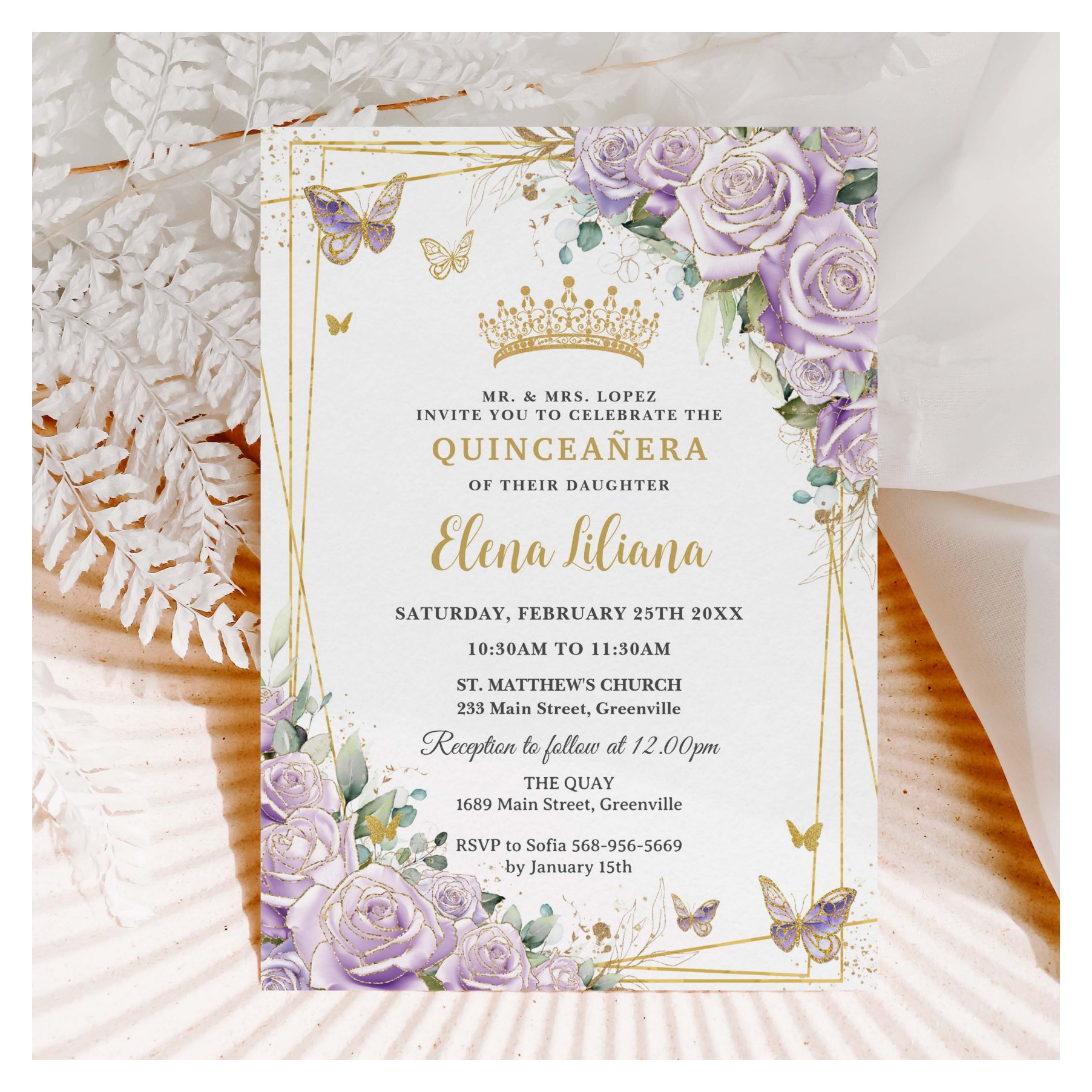 Chic Purple Lilac Roses Floral Gold Quincea?era XV Invitation