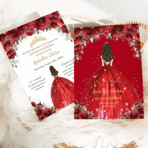 Chic Quincea?era 15th Red Floral Roses Princess Invitation