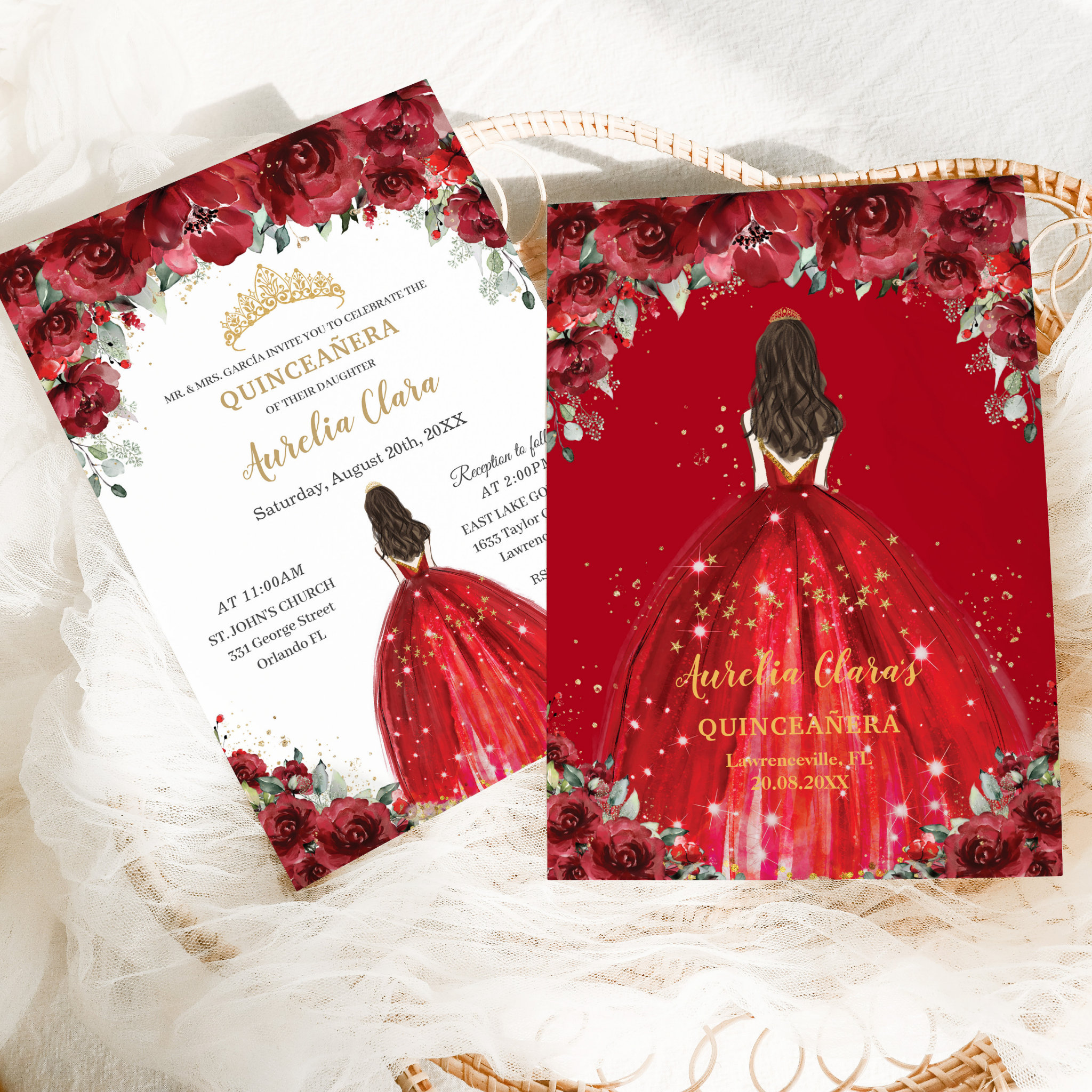 Chic Quincea?era 15th Red Floral Roses Princess Invitation