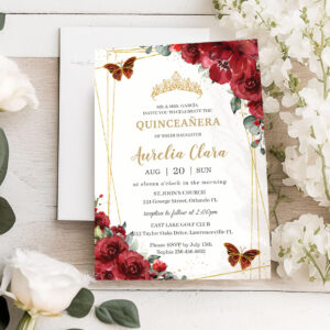 Chic Quincea?era Red Flowers Floral Gold Butterfly Invitation