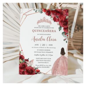 Chic Red Floral Rose Gold Girl Dress Quincea?era Invitation