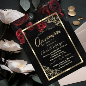 Chic Red Roses Gold Frame Black Quincea?era Invitation