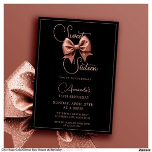 Chic Rose Gold Glitter Bow Sweet 16 Birthday Invitation