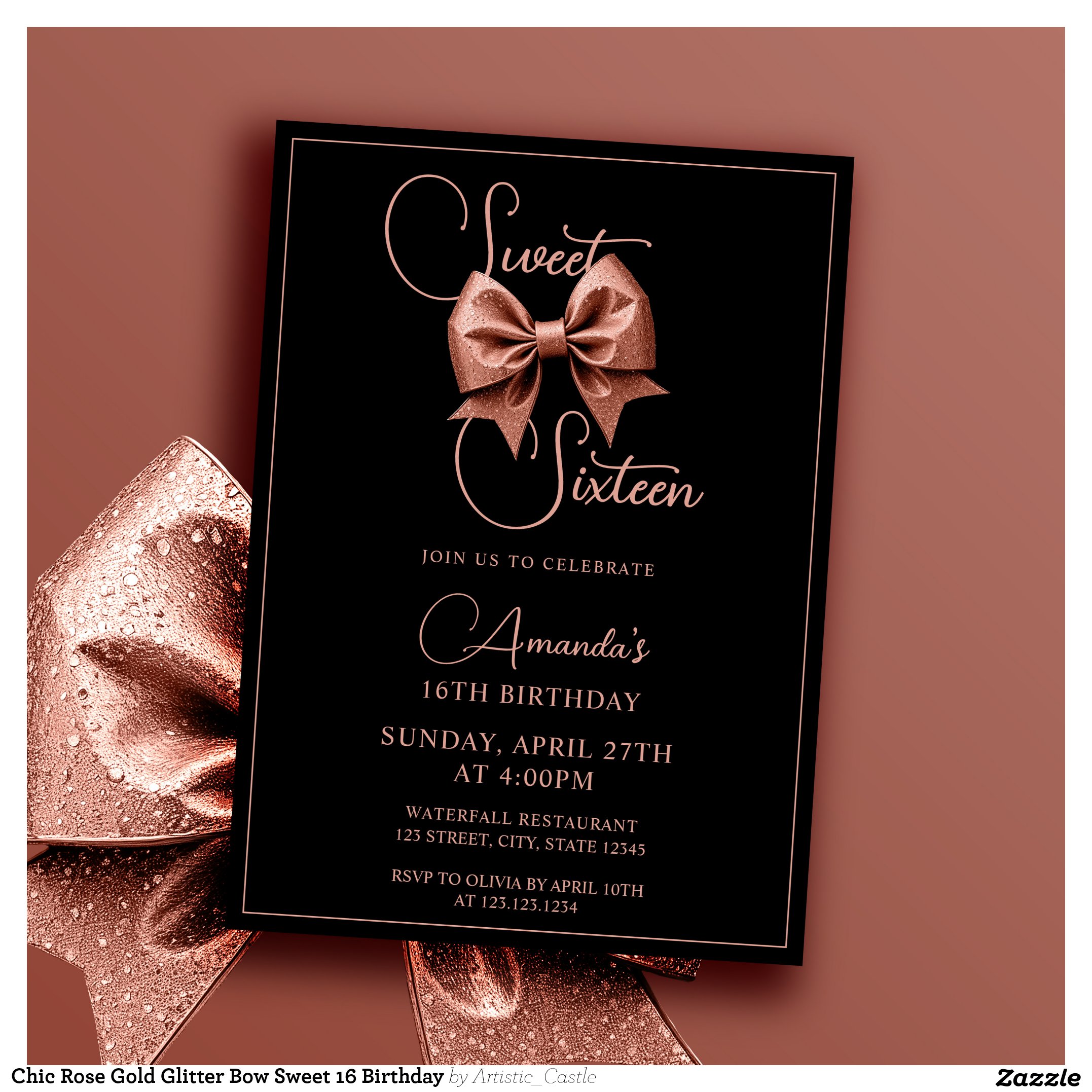 Chic Rose Gold Glitter Bow Sweet 16 Birthday Invitation
