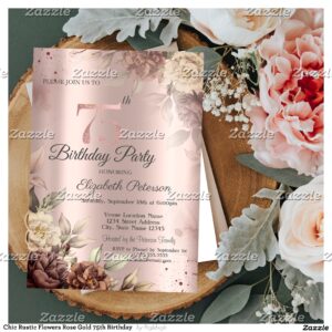 Chic Rustic Flowers Rose Gold 75th Birthday Invitation