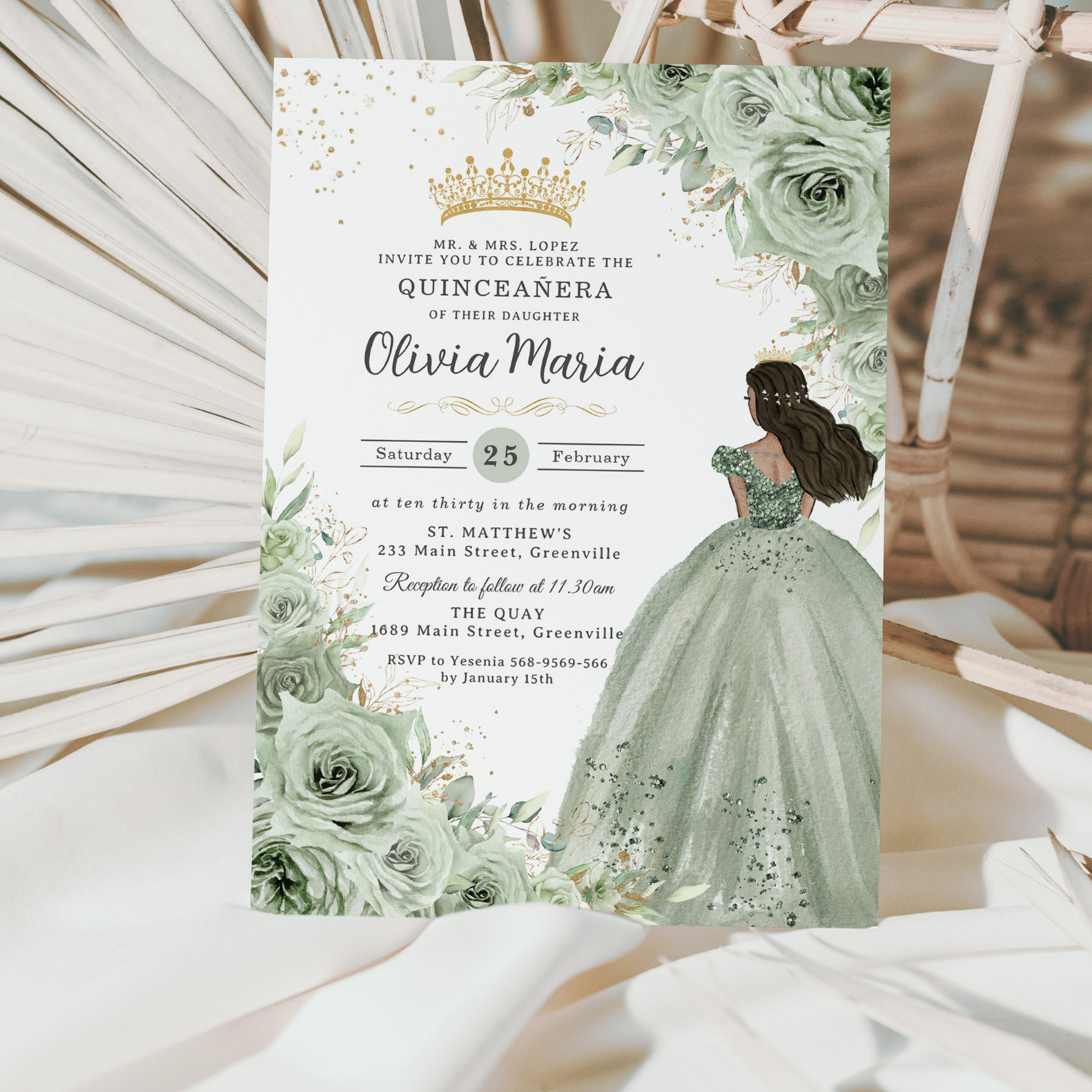 Chic Sage Green Floral Brown Princess Quincea?era Invitation