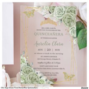 Chic Sage Green Floral Butterflies Quincea?era Acrylic Invitations