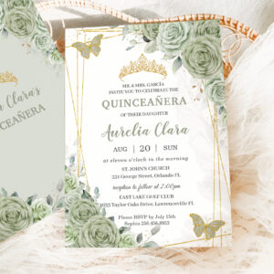 Chic Sage Green Floral Butterflies Quincea?era Invitation