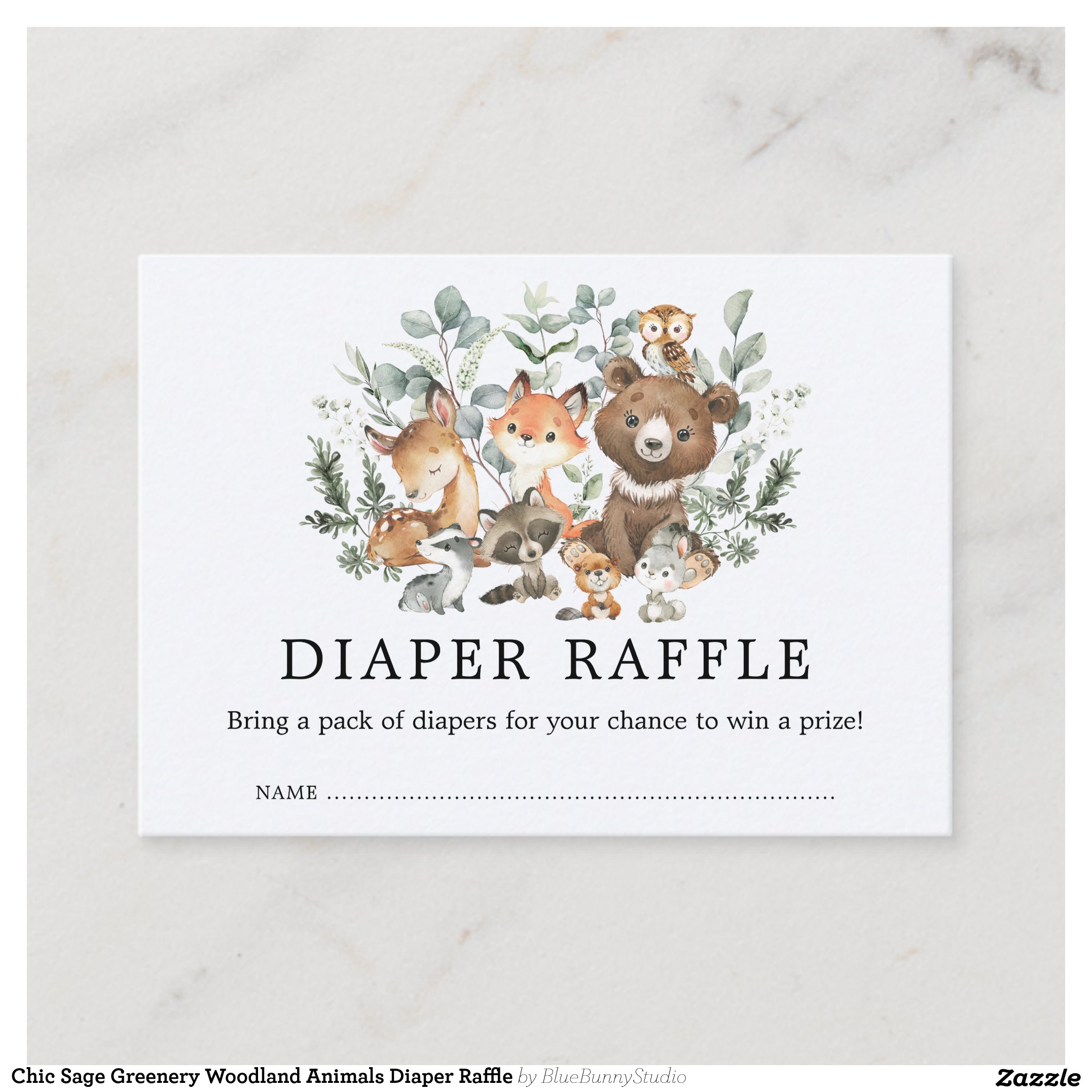 Chic Sage Greenery Woodland Animals Diaper Raffle Enclosure Card