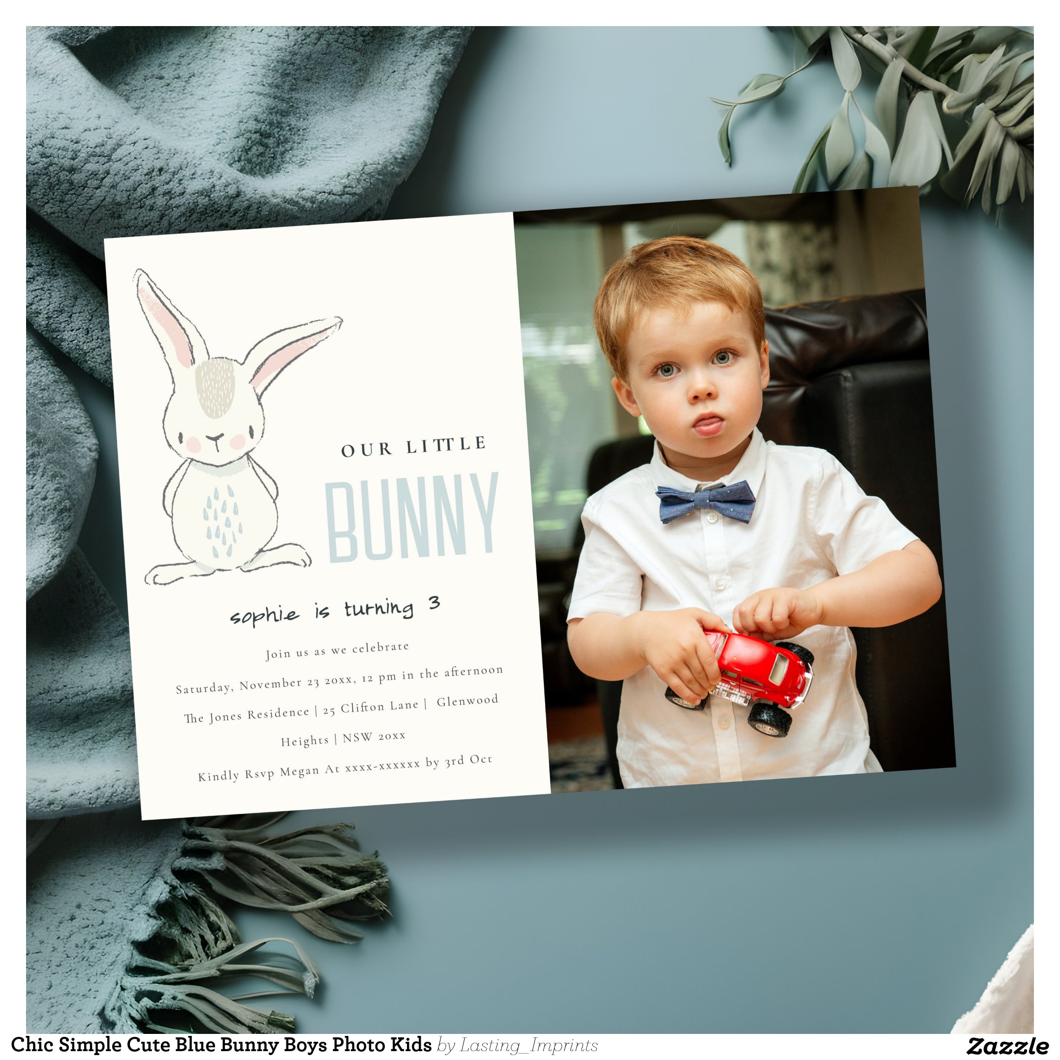 Chic Simple Cute Blue Bunny Boys Photo Kids Invitation