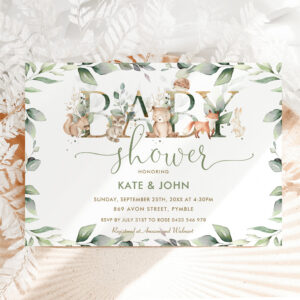 Chic Woodland Animals Greenery Baby Shower Neutral Invitation