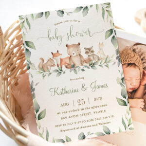 Chic Woodland Animals Greenery Baby Shower Neutral Invitation