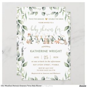 Chic Woodland Animals Greenery Twins Baby Shower Invitation