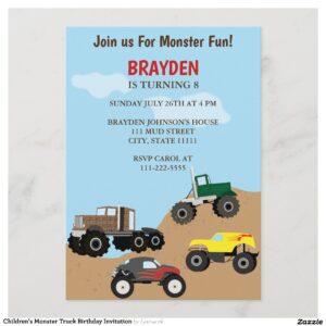 Children's Monster Truck Birthday Invitation