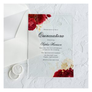 Classic Elegant Red Rose & Gold Quinceanera Acrylic Invitations