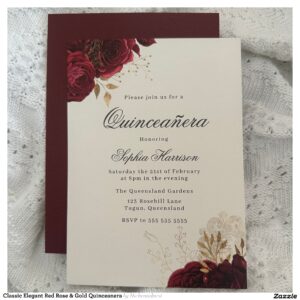 Classic Elegant Red Rose & Gold Quinceanera Invitation