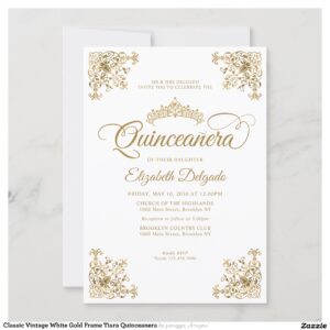 Classic Vintage White Gold Frame Tiara Quinceanera Invitation
