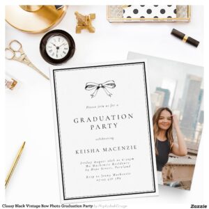 Classy Black Vintage Bow Photo Graduation Party Invitation