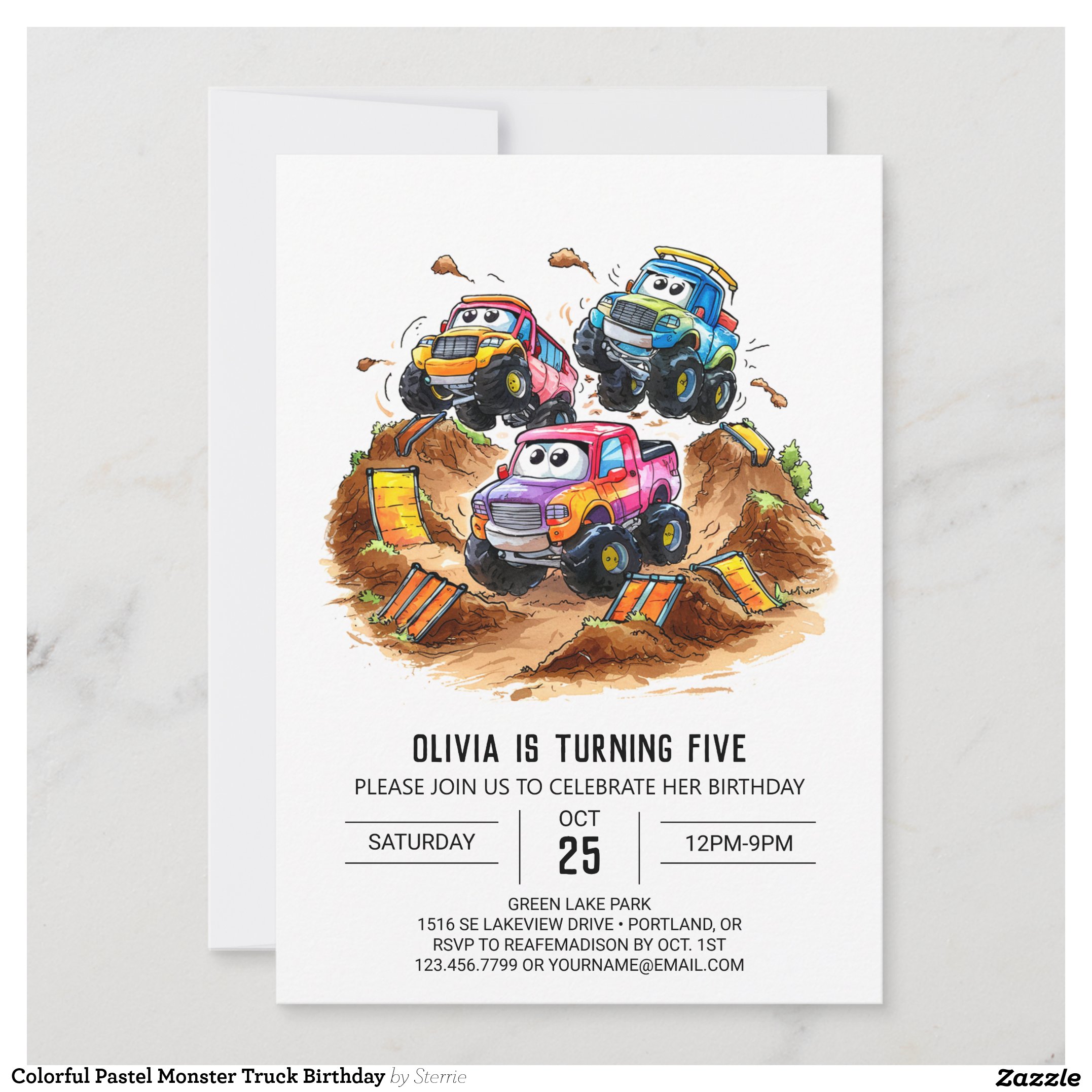 Colorful Pastel Monster Truck Birthday Invitation