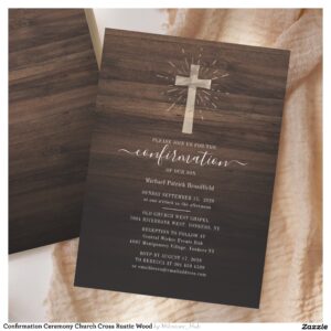 Confirmation Ceremony Church Cross Rustic Wood Invitation