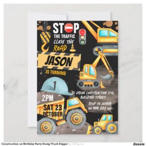 Construction 1st Birthday Party Dump Truck Digger Invitation